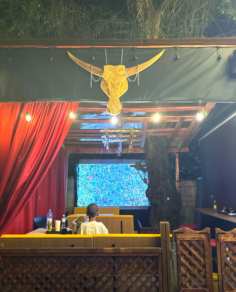 The El Toro room: a horned bull skull on the wall, a red curtain, a string of bulbs and wooden partitions